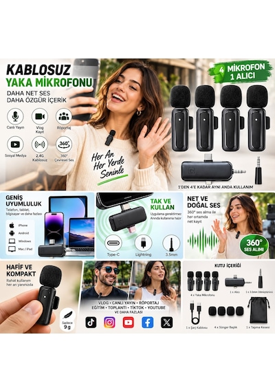 İphone 12 Pro Max Uyumlu 4 Lü Kablosuz Yaka Mikrofonu Seti 2.4g Type-c Lightning 3.5mm Uyumlu Vlog Canlı Yayın Röportaj Mikrofonu