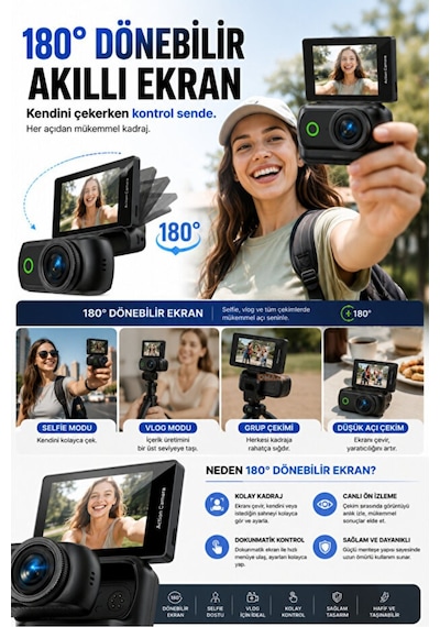 4k Ultra Hd Hareketli Ekranlı Profesyonel Aksiyon Kamerası Manyetik Tutuş Flip Ekran Full Aparat Beyaz