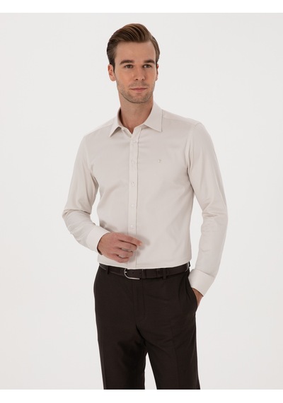 Cacharel Bej Slim Fit %100 Pamuk Klasik Gömlek