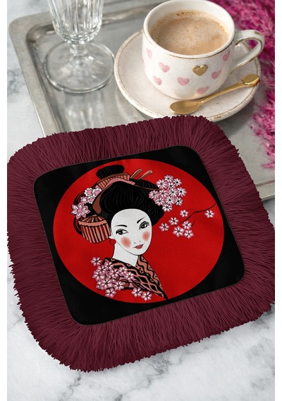 Lüks Japon Geisha Sanatı Püsküllü Sunum Peçetesi - Uzak Doğu Modern Bordo Bardak Altlığı Mendil Çok Renkli