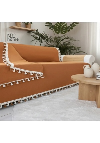 Premium Keten Tarçın Tarçın Ponponlu Koltuk Örtüsü 170 X 220 Tarçın