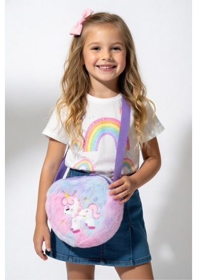 Mollycrush Kız Çocuk Mor Unicorn Nakışlı Peluş Omuz Çantası Ayarlanabilir Askılı Şirin Model Mor
