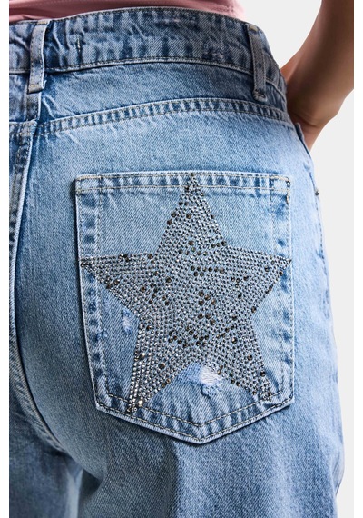 Itsbasic Kadın Mavi T1-12s6-99 Straight Fit Parlak Yıldız Taşlı Özel Tasarım Denim Jean