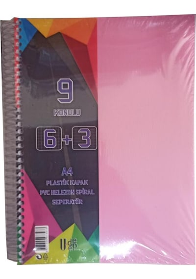 6+3 Ayraçlı Defter 9 Konulu 225 Yaprak 1 Adet 6 Kareli 3 Çizgili Spralli Plastik Kapak Seperatörlü Pembe