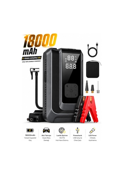 Suitu At-006 Akü Takviye Cihazı 18.000mah 4'ü 1 Arada Powerbank, Hava Kompresörü, Lcd Ekran, 150psı
