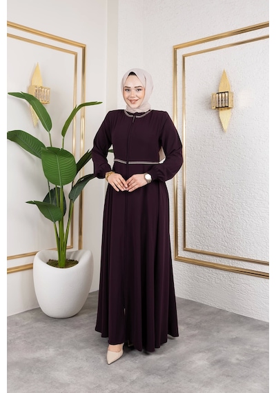 Nevayla Moda Yaka Ve Bel Nakış Detaylı Ferace - Mürdüm / F0143 Mürdüm