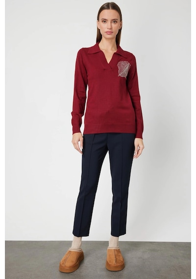 On Fashion Kadın Omuz Yaprak Zincirli Bordo Kazak 65334 Bordo
