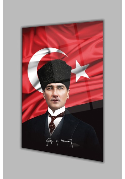 Atatürk Portre Ve Türk Bayrağı Dikey Cam Tablo Evlika, Modern Duvar Dekoru , Kurum Ofis İş Hediyelik Tablo