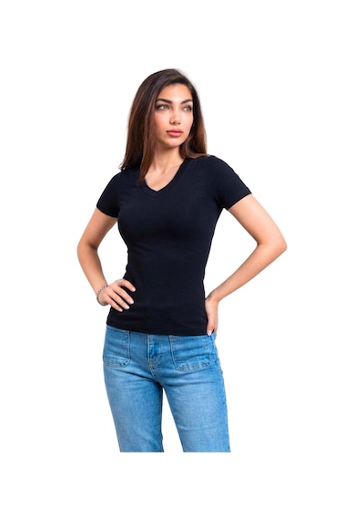 Thiff Kadın Ribana Buzy V Yaka T-shirt Tişört Siyah