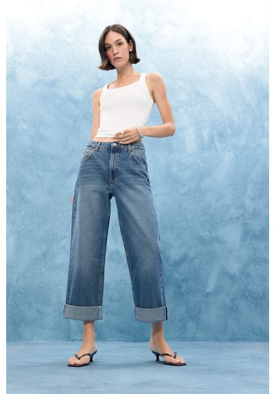 Defacto Baggy Fit Yüksek Bel Katlamalı Paça Jean Pantolon E9134ax25aunm34 Mavi