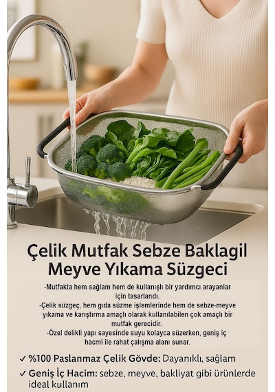 Çelik Mutfak Sebze Bakla Pirinç Meyve Yıkama Süzgeci Mt114 Gümüş