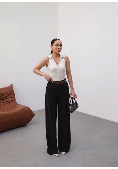 Defymoda Keten Kemerli Ve Dökümlü Palazzo Pantolon Kemer Dahi L Siyah