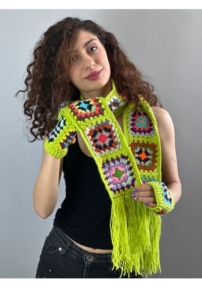 Gönülden Tasarım El Örgüsü Etnik Motif Desenli Atkı Eldiven Set Atkı 180 Cm Fıstıkyeşil
