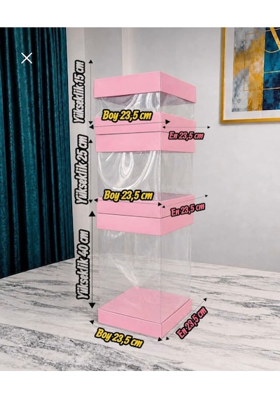Asetat Gelin Çeyiz Bohça Kutusu Toz Pembe 3'lü Set 1 Takım Şeffaf Katlanabilir Demonte Söz Nişan Hediyelik Büyük 23,5 23,5 40cm Orta 23,5 23,5 25cm Küçük 23,5 23,5 15cm