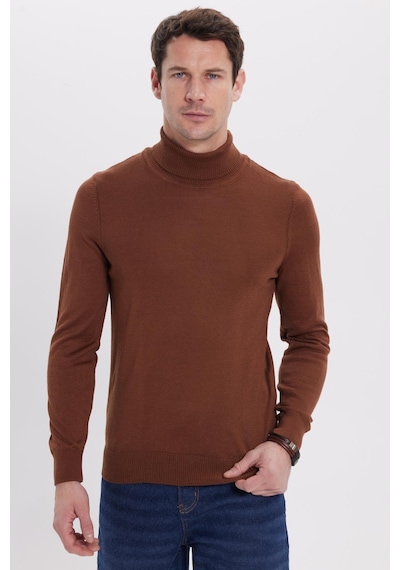 Tudors Slim Fit Tam Boğazlı Yaka Düz Yün Kahverengi Erkek Triko Kazak-39415 Kahverengi