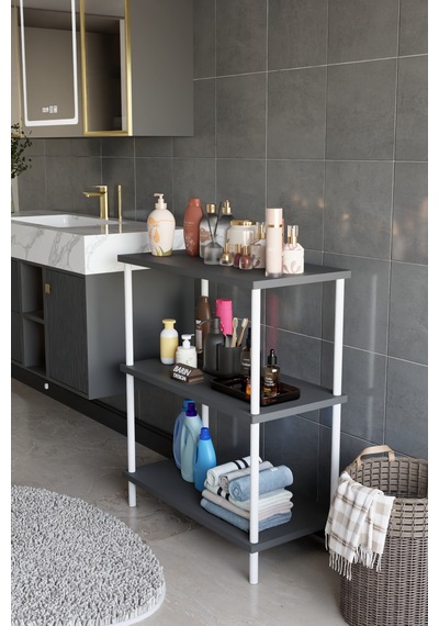 3 Raflı Çevir Tak Beyaz Metal Gövdeli Çok Amaçlı Banyo Rafı Ve Organizer Raf Banyo Dolabı Antrasit