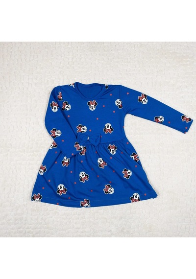 Momikon Minnie Mouse Baskılı Uzun Kollu Pamuklu Kız Çocuk Elbise Mavi