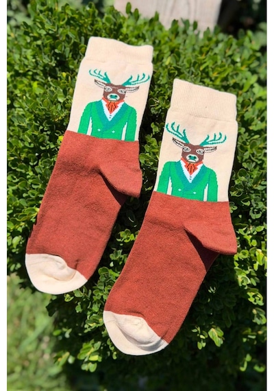 Lousocks Unisex Geyik Desenli Renkli Soket Çorap Bej