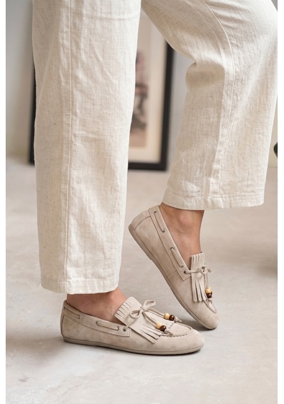 Giamgia Store Püsküllü Boncuk Detaylı Krem Süet Makosen Loafer Ayakkabı-2366