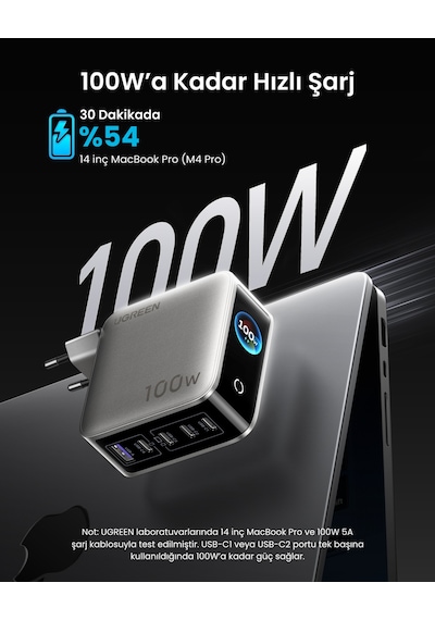 Ugreen Nexode Pro 100w Gan Hızlı Şarj Cihazı, 5 Port 4 Usb-c + Usb-a, Akıllı Dijital Ekranlı, 65620b