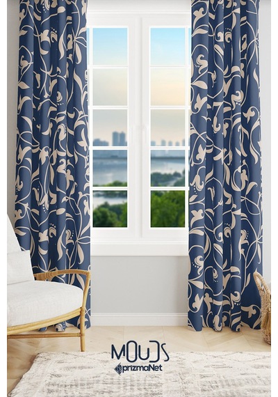 Navy Vintage 2 Desenli Süet Oturma Odası Salon Fon Perde Baskılı Ekstrafor Büzgü 2 Kanat Prd-1065 Çok Renkli