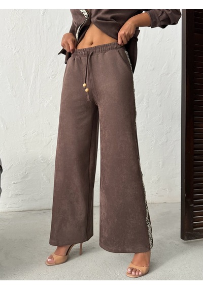 Verymoda Şerit Detaylı Scuba Süet Pantolon F1972 Kahve