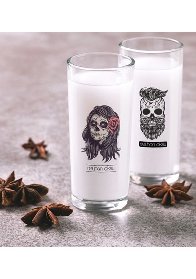 Kişiye Özel Renkli Baskılı Kurukafa İkili Rakı Bardağı Seti-1