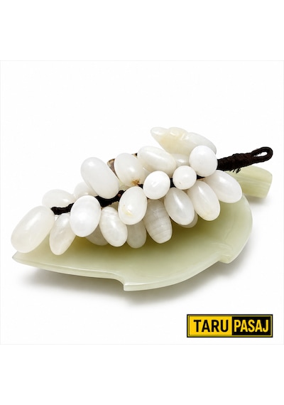 Doğal Oniks Taş Yaprak Tabak & 30 Taneli Üzüm Salkımı Feng Shui Dekor Objesi Beyaz