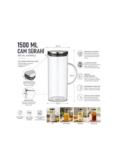1500 Ml Cam Sürahi Metal Kapaklı Şeffaf Sürahi Dayanıklı Cam Gövde Ergonomik Sap Akıtmaz Ağız Tasarımı Soğu