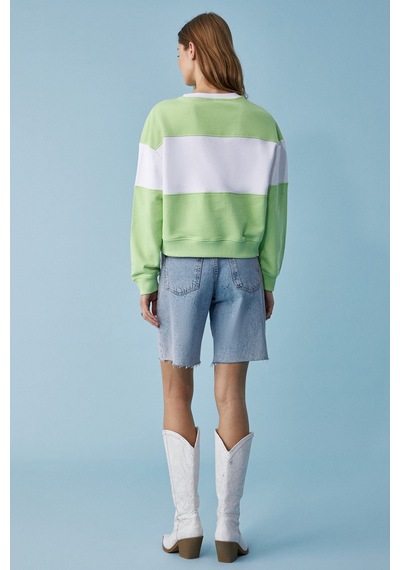 ETHIQUET Ethıquet Payne Kadın Bisiklet Yaka Oversize Beyaz / Fıstık Yeşili Sweatshirt Yeşil - Beyaz