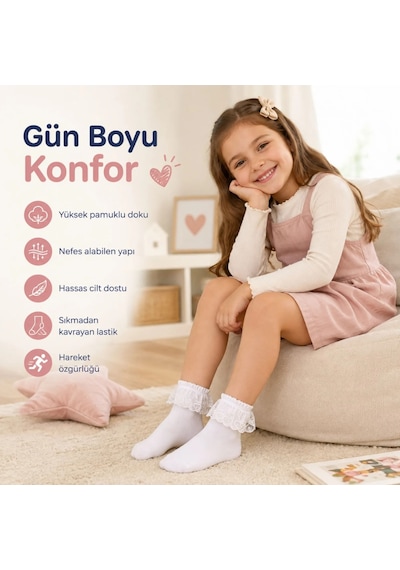 Womanandkids Wak Kız Çocuk 3'lü Beyaz Dantelli Soket Çorap, Yüksek Pamuklu Okul Gösteri Ve Özel Gün Çorabı