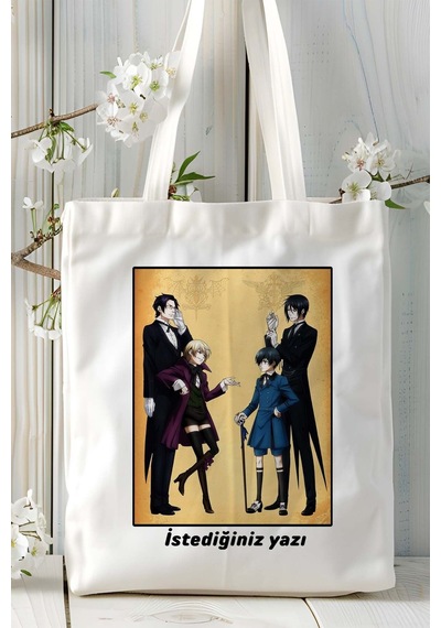 Art Hediye Black Butler Kuroshitsuji Baskılı Bez Omuz Çantası Kişiye Özel Model 2 Çok Renkli