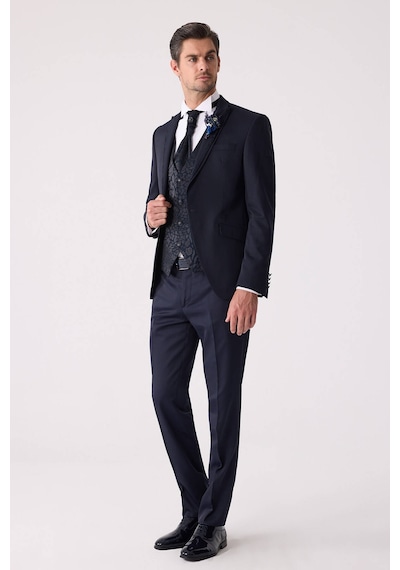 Ysf Erkek Lacivert Çıkma Şal Yaka Slim Fit Damatlık