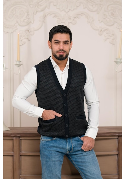 Woolen World Regular Fit Ön Cepli Kolsuz Bitik Desenli Triko Yelek Lacivert