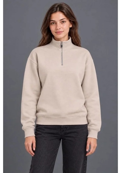 Butik İstanbul Üç İplik İçi Şardonlu Dik Yaka Yarım Fermuarlı Kışlık Sweatshirt - Bej