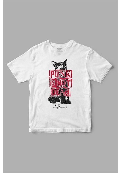 "punk İs Not Dead" Deftones Cat Baskılı Tişört Beyaz