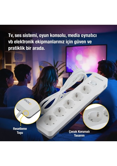 Günsan Beyaz 5'li Akım Korumalı Çocuk Korumalı Grup Priz 1.5m 700 Joule 16ka
