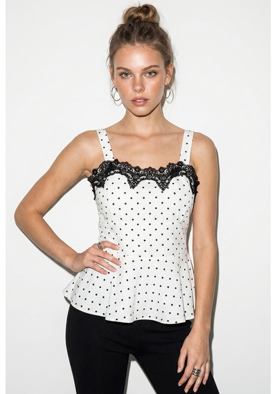 Kadın Dantel Detaylı Askılı Puantiyeli Peplum Bluz 5557 60286338 - Beyaz-siyah Çok Renkli