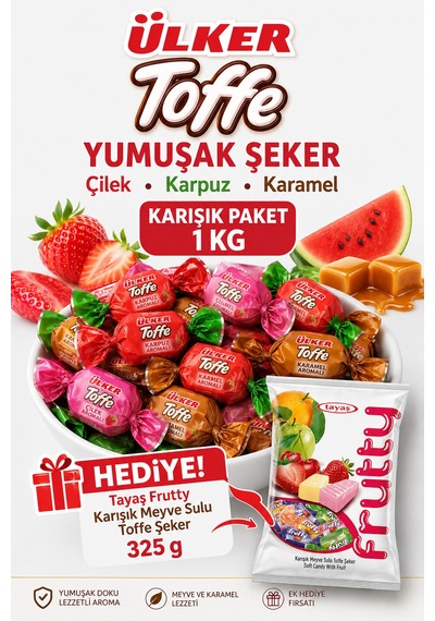 Ülker Toffe Karışık Yumuşak Şeker 1 Kg Çilek, Karpuz Ve Karamel Aromalı + Tayaş Frutty 325 G Hediy