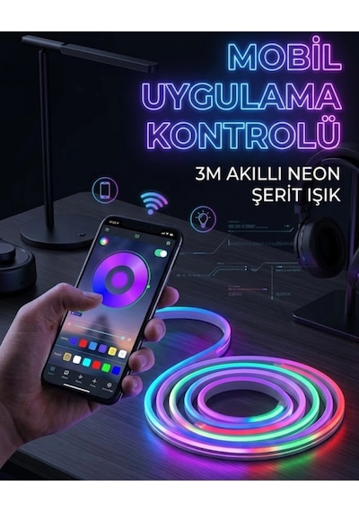3 Metre Rgb Neon Led Şerit Işık Su Geçirmez Kumandalı Ve Uygulama Kontrollü Dekoratif Aydınlatma Diğer