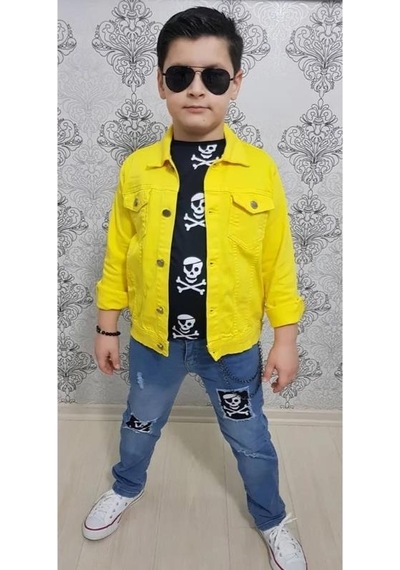 MODAVALS GABARDİN CEKETLİ KURU KAFA TASARIMLI ERKEK ÇOCUK KOT KOMBİN - SARI