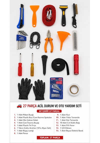 27 Parça Zorunlu Oto Acil Durum Ve Yol Yardım Seti Çekme Halatı Fener Tornavida Pense Alyan Seti