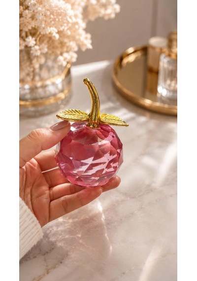 Pembe Kristal Elma Biblo Orta Boy 8.5 Cm Dekoratif Cam Elma Süsü Gold Yapraklı