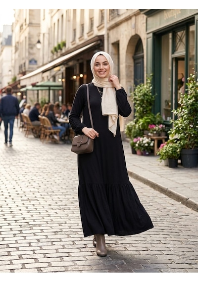 Kadın Düz Renk Dokuma Viskon Kumaş Uzun Tesettür Elbise Siyah