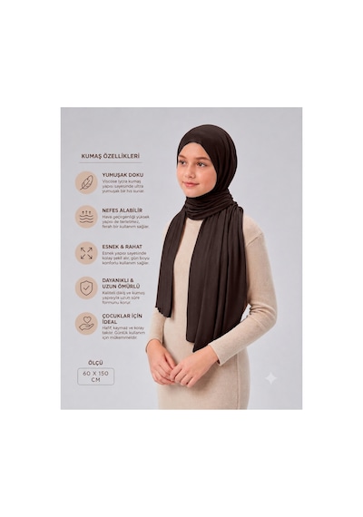 Sonbaharmoda Kız Çocuk Penye Şal, Viskon Likralı, 60x150 Cm, 10-12 Yaş, Tesettür Şal. Kahverengi