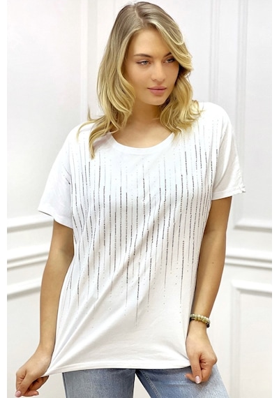 Rich Glam Bol Kesim Bisiklet Yaka Büyük Beden Crystal Taşlı Kadın T-shirt Beyaz