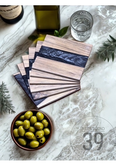 Ceviz & Siyah River Epoksi Bardak Altlığı Seti 6 Lı, El Yapımı Ceviz Ahşap, 12x12 Cm, Modern & Şık Tasarım Siyah