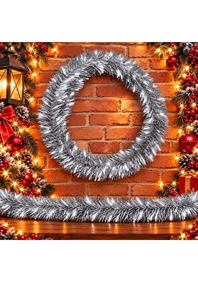 5 Metre Gümüş Garland Gümüş Çam Dalı 6 Cm Çap Yılbaşı Garlandı Parlak Metalik Dekor İnce Garland