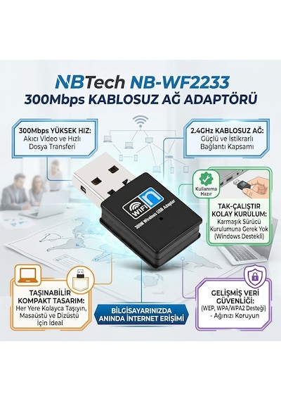 Nbtech Nb-wf2233 Usb 2.0 300mbps 2.4ghz Kablosuz Ağ Adaptörü Wi-fi Alıcı