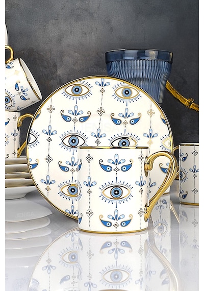 Altın Yaldızlı Nazar Göz Desenli 6 Kişilik Porselen Fincan Takımı 12 Parça Şık Sunum Seti Evil Eye Desenli
